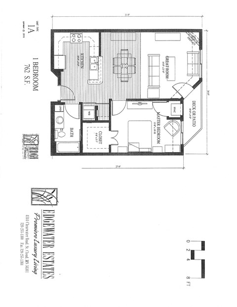 Floor plan for 1 bed, 1 bath, 762 sqft